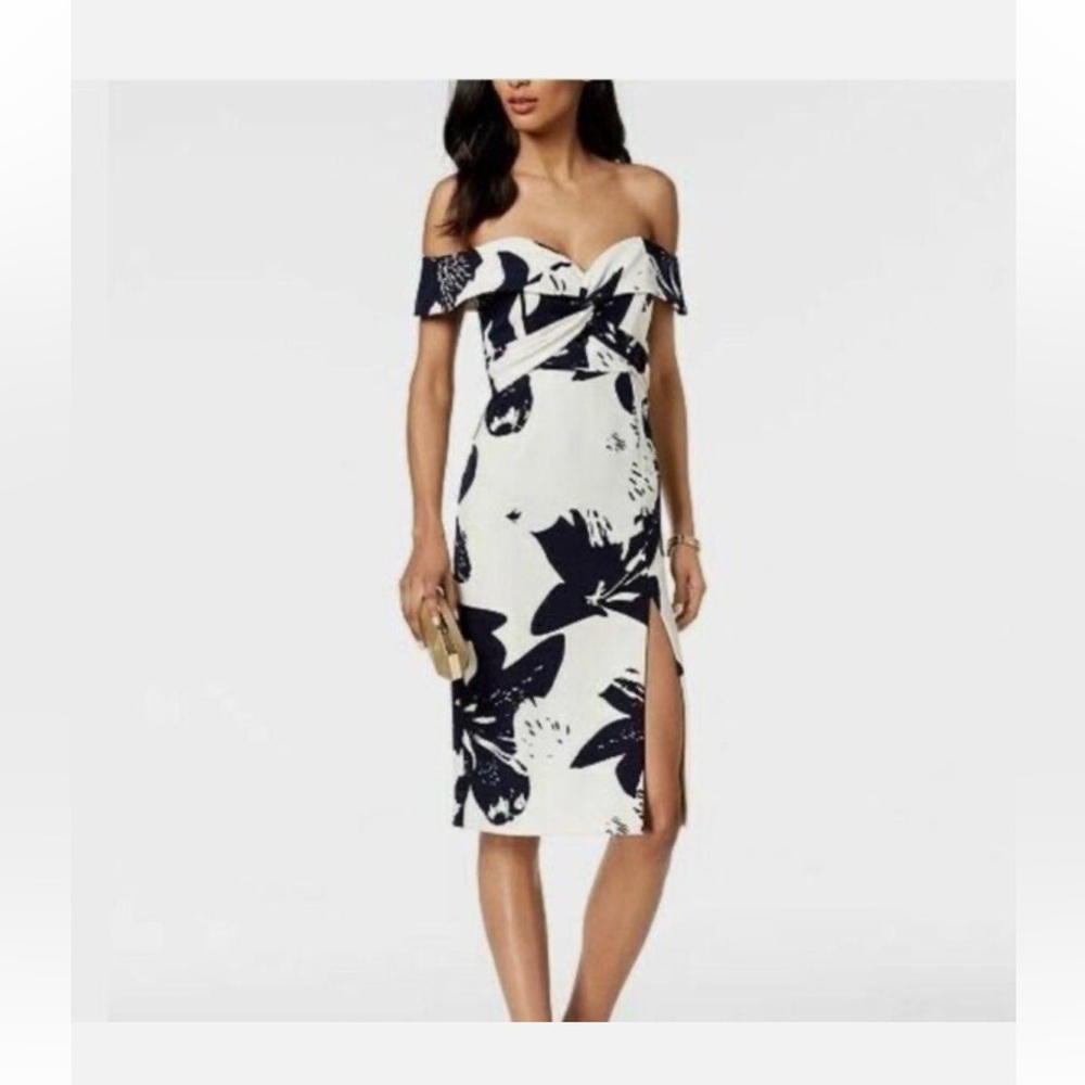Bardot Botanica Off The Shoulder Pencil Midi Dress in Camilla Navy